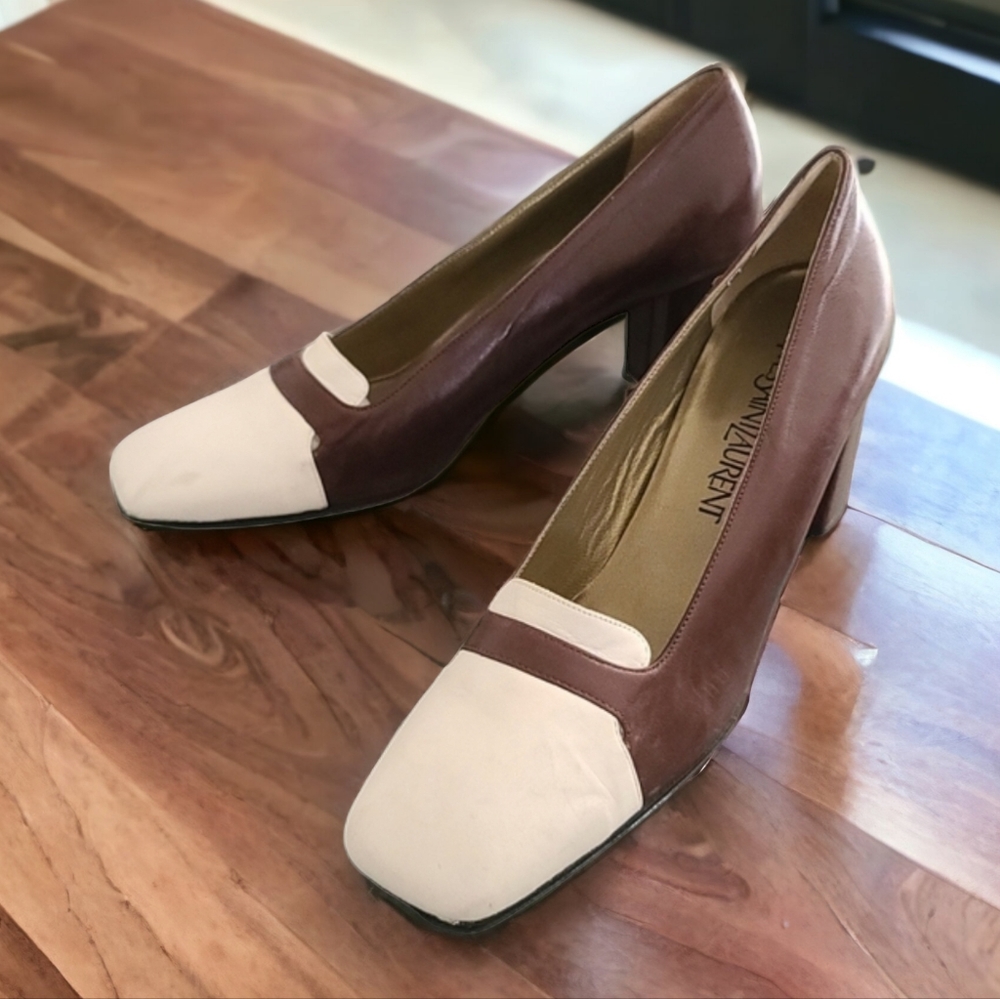 VTG YSL Retro Mod Square Toe Leather Pumps 8 N Heels Brown Yves Saint Laurent - Picture 16 of 16